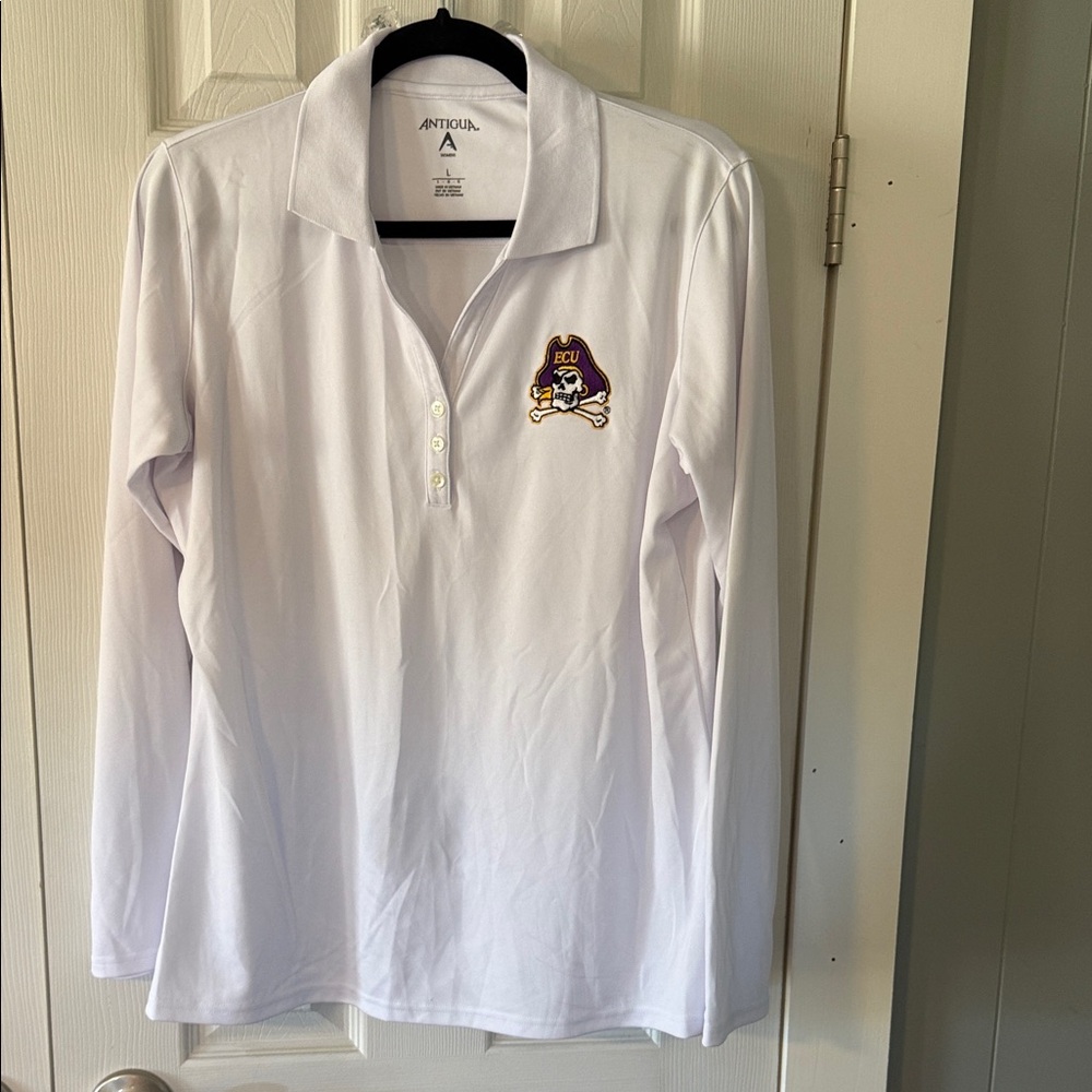 Antigua White Long Sleeve Polo with Pirate Emblem